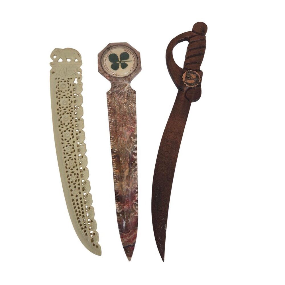 Vintage Lot Of 3 Decorative Letter Openers Elephant 4 Leaf Clover Wooden Sword